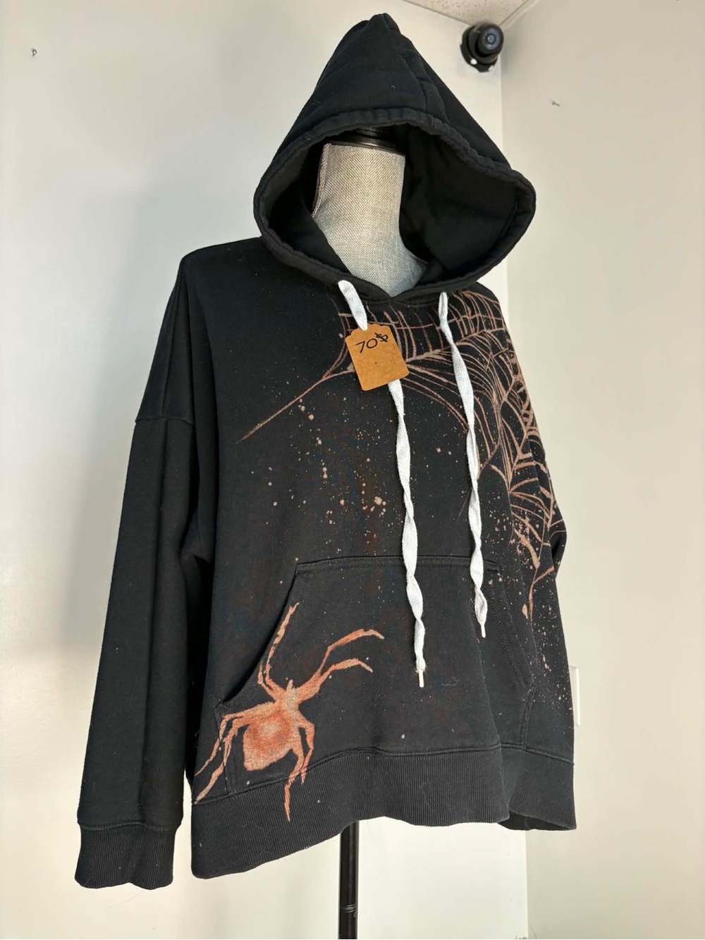 Black Spider & Web Graphic Hoodie with White Drawstrings upcycled